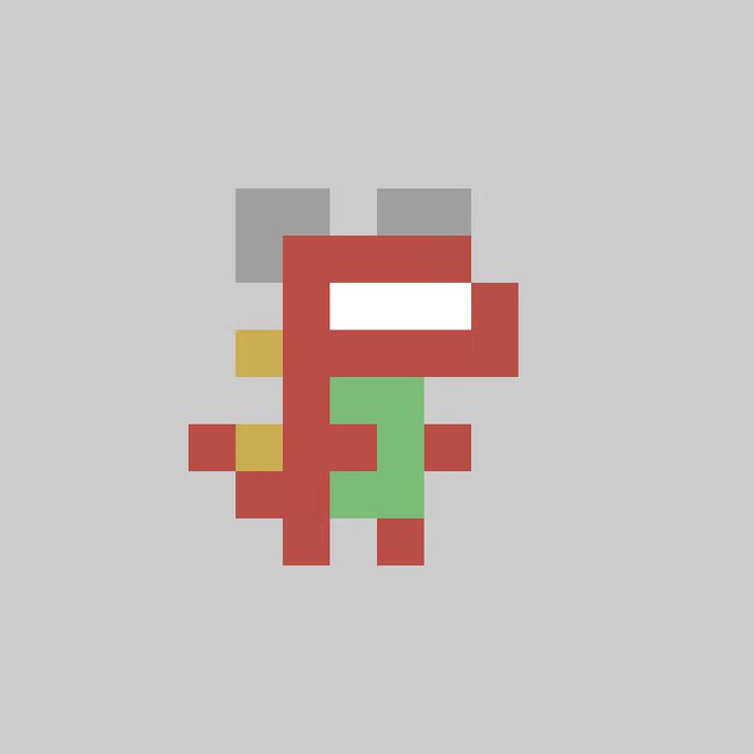 A pixel art rendering of a character, resembling Mario, is constructed from small red, green, yellow, white, and grey squares on a grey background.