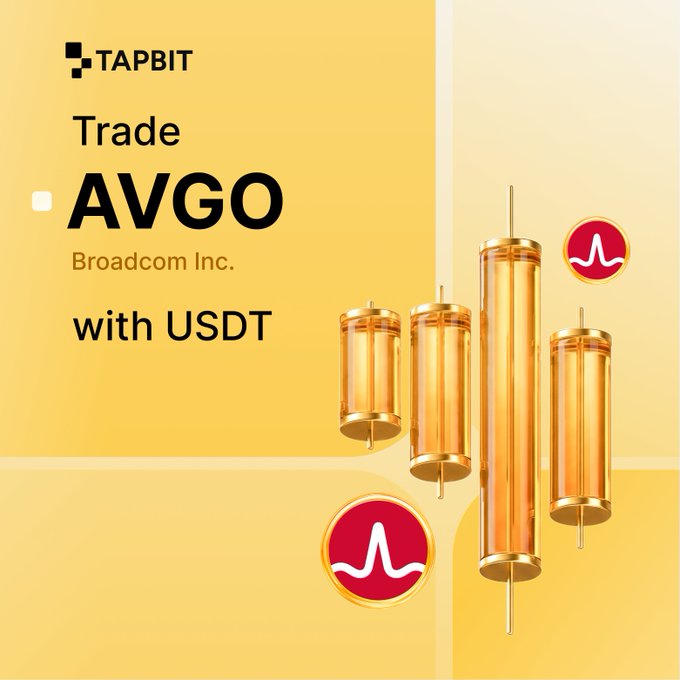 An advertisement for Tapbit to 'Trade AVGO Broadcom Inc. with USDT,' featuring golden candlestick chart illustrations and the AVGO logo against a yellow background.