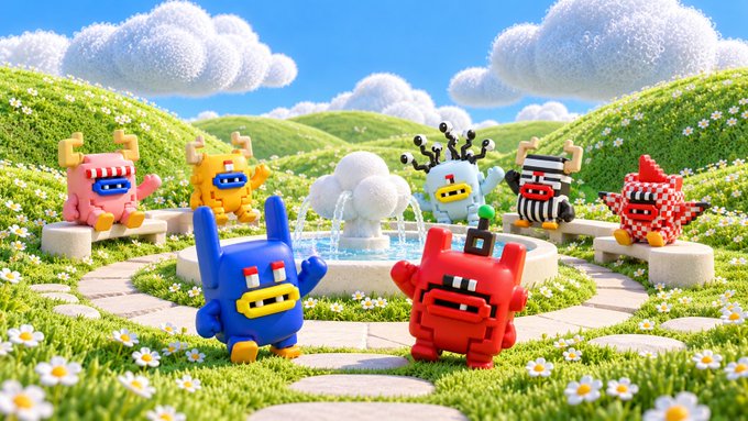 Colorful cartoon characters resembling robot creatures gathered around a fountain in a whimsical grassy landscape with clouds and flowers.