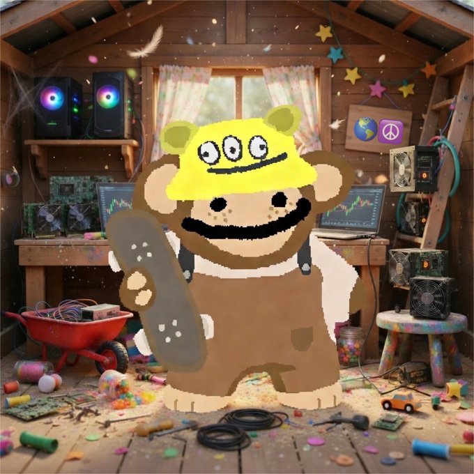 A crudely drawn cartoon character wearing a yellow three-eyed hat and brown overalls stands in a cluttered wooden shed filled with mining rigs, computer fans, wires, and toys in this meme-style crypto artwork.