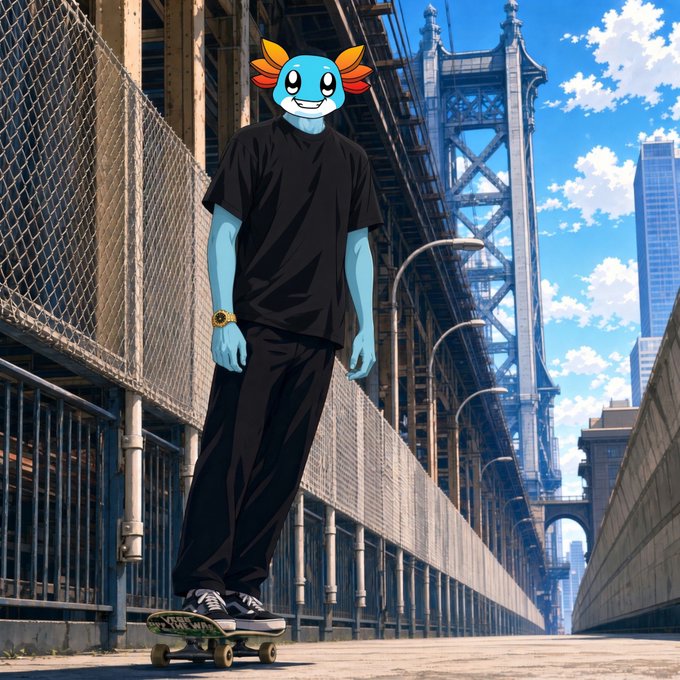 An anime-style illustration of a blue axolotl character wearing a black t-shirt and pants, riding a skateboard on a bridge.