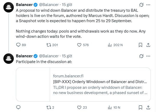 A screenshot of two posts from the official 'Balancer' Twitter account announcing a forum proposal to wind down Balancer and distribute the treasury to BAL holders, with a Snapshot vote expected from 25 to 29 September.