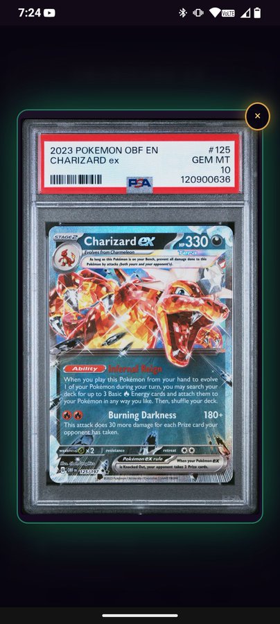 A graded PSA 10 GEM MINT 2023 Pokemon OBF EN Charizard ex card #125, displayed in a PSA slab on a smartphone screen.