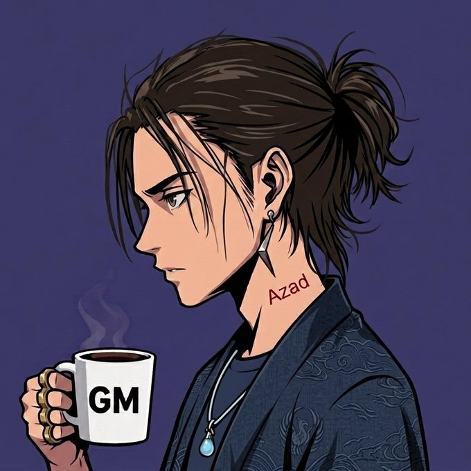 An anime-style digital illustration of a serious-looking man with brown hair in a ponytail holding a steaming mug that says "GM"; the name "Azad" is written in red on his neck.
