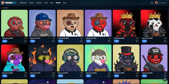 A screenshot of the 'SLOTHSLAY' NFT marketplace displaying a grid of cartoon sloth avatar collectibles with various accessories like hats, glasses, and crowns, listed under 'Sloth Gang' series.