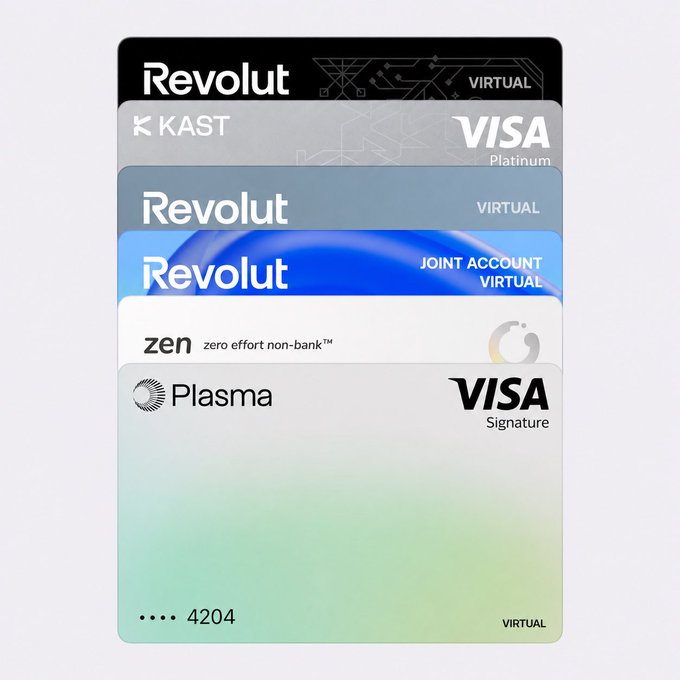 Stacked display of six virtual bank cards including Revolut (black), KAST Visa Platinum, Revolut (gray), Revolut Joint Account (blue), Zen 'zero effort non-bank', and Plasma Visa Signature cards.