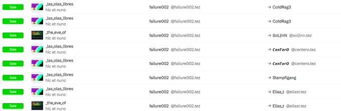 A screenshot showing multiple NFT transaction history entries with green "Sold" buttons, featuring items from collections "Jlas_olas_libres" and "zhc.eve.of," all from seller "failure002" at the address @failure002.tez, with buyers including ColdRag3, SoLiN, Center0, Stampfiggang, and Ellas1, suggesting a fruitful day of NFT trading activity for @nft_clctr.