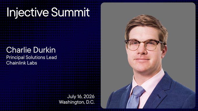 A promotional graphic for the Injective Summit on July 16, 2026 in Washington, D.C., featuring a headshot of Charlie Durkin, Principal Solutions Lead at Chainlink Labs, in a blue suit and glasses. The image supports the post announcing Chainlink's participation in the summit, where Durkin will represent the oracle network as traditional finance increasingly moves onchain.