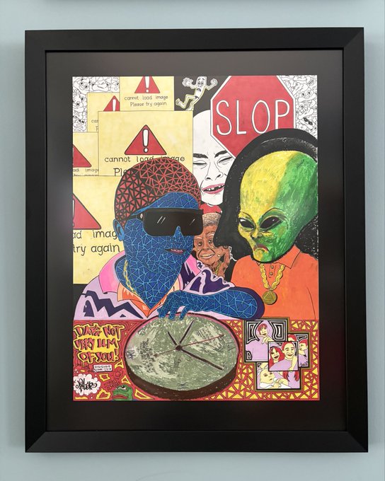 A framed pop-art collage featuring two alien figures, a 'SLOP' stop sign, error messages like 'cannot load image,' and various illustrations including a pizza and money.