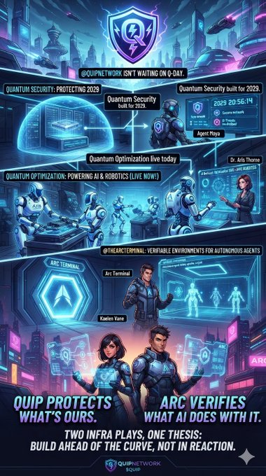 A digital poster promotes QUIP Network and Arc Terminal, featuring text like 'QUIP PROTECTS WHAT'S OURS' and 'ARC VERIFIES WHAT AI DOES WITH IT' alongside sci-fi character illustrations.