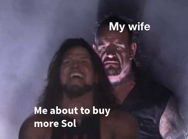 A meme featuring two wrestlers where the smiling one in front is labeled 'Me about to buy more Sol' and the ominous figure looming behind him is labeled 'My wife'.