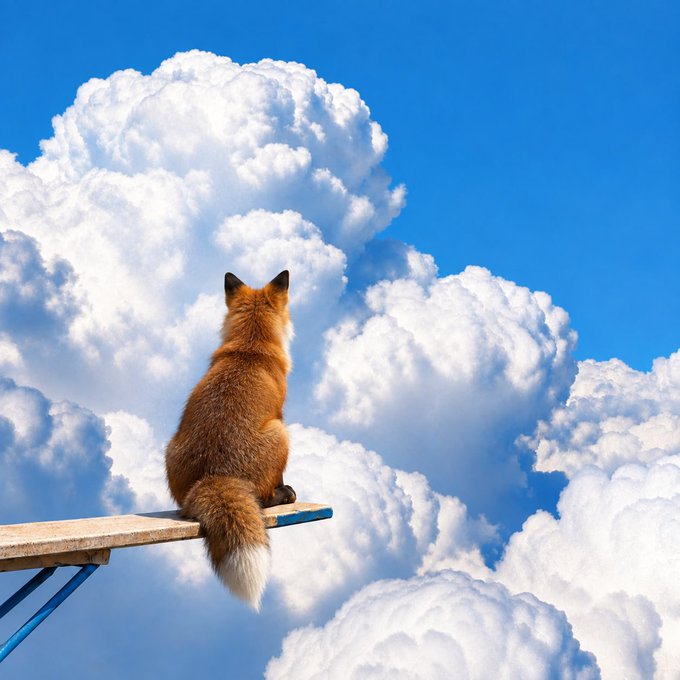 A surreal digital image or photo manipulation showing an orange and white fox sitting on a wooden diving board, facing away toward fluffy white clouds and a blue sky.