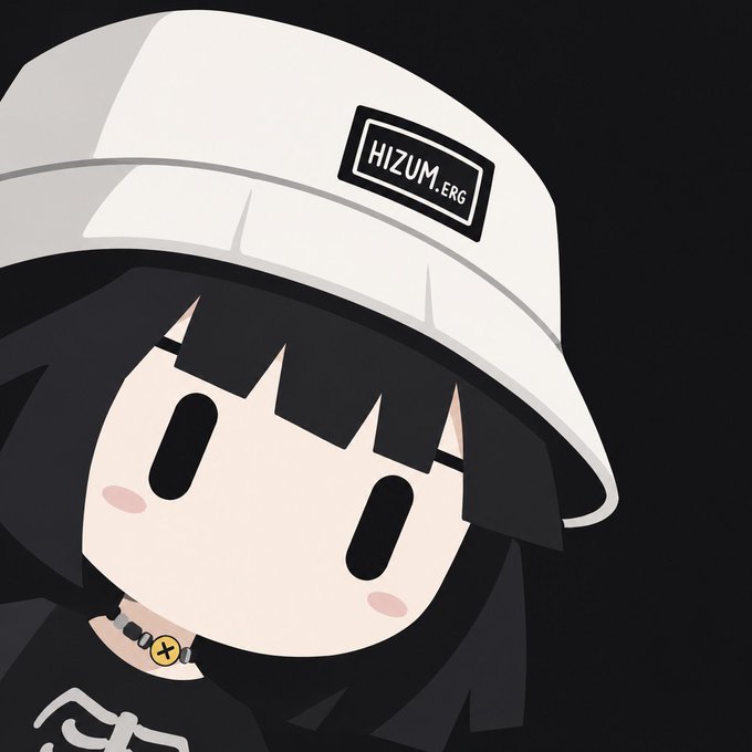 An adorable chibi-style character with black hair wears a white bucket hat labeled "HIZUMI.ERG," pairing perfectly with the post's reassuring "GM" message that everything is under "Hizumi control."