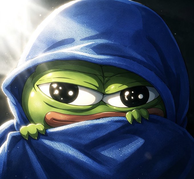 A cartoon illustration of Pepe the Frog wrapped in a blue hooded cloak against a starry cosmic background, with a mischievous expression.
