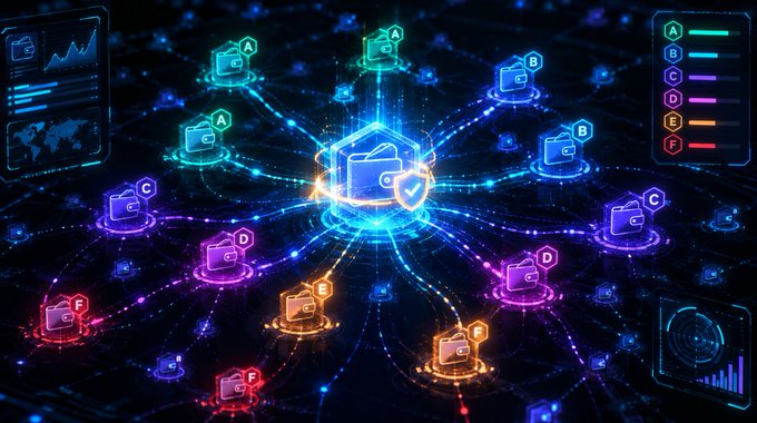 A futuristic digital graphic depicting a centralized network with a glowing blue folder icon at the center, connected by neon lines to multiple categorized folder nodes (A-F) labeled in blue, purple, red, and orange.