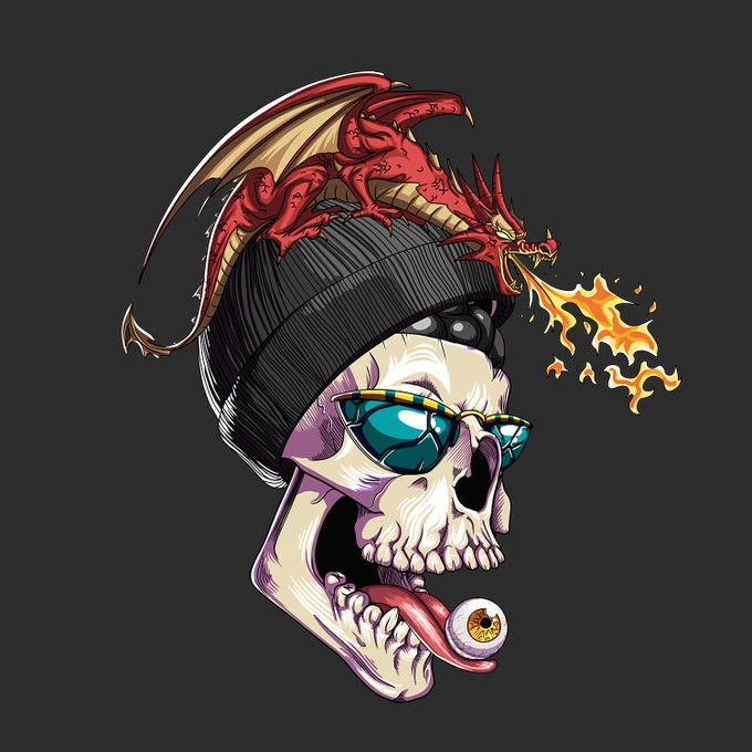 The image features a skull with sunglasses and a hat adorned with a red dragon, both of which are part of a larger surreal art collection. The skull has its tongue sticking out, adding a sense of humor to the scene. The post highlights one piece from this collection, which is the skull in question. It's worth noting that the image also contains text about NFTs and a link to another post within the collection.