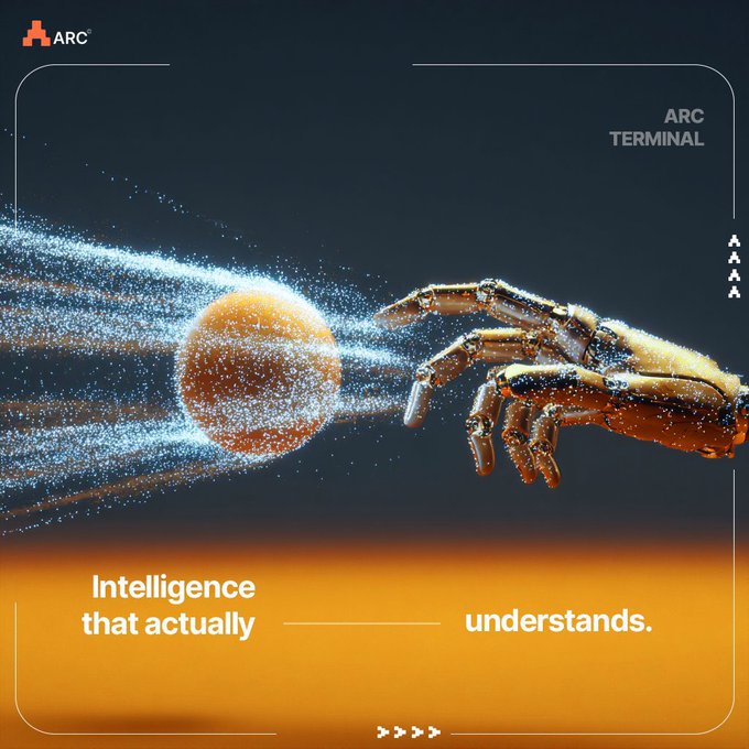 The image shows an ARC Terminal graphic with a pixelated hand reaching toward a glowing orange sphere emitting streams of light particles, accompanied by the tagline "Intelligence that actually understands." This visual reinforces the post's message by depicting AI ("ARC Agents") actively grasping and processing information, symbolizing their transparent, verifiable on-chain decision-making rather than operating behind hidden dashboards.