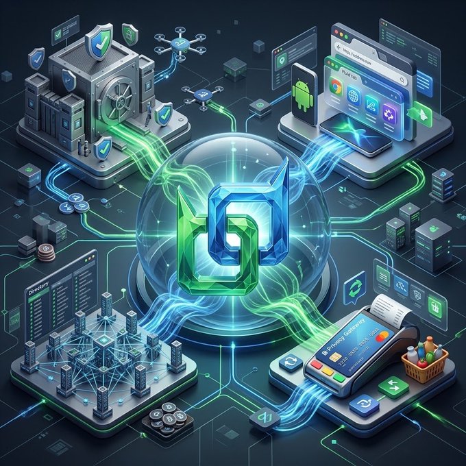 An isometric digital illustration depicting a central glowing green and blue shield-like logo surrounded by connected nodes representing servers, drones, mobile devices, networks, and payment systems.
