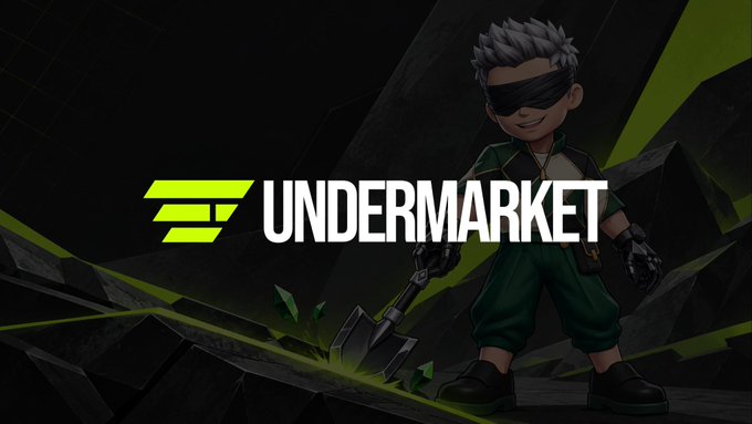 A blindfolded cartoon miner character holding a shovel stands beside the bold "UNDERMARKET" logo in green and white, visually representing the underground mining gameplay of the $DIRTBAG token project. The dark geometric background with green accents reinforces the "dig for loot" theme described in the post.