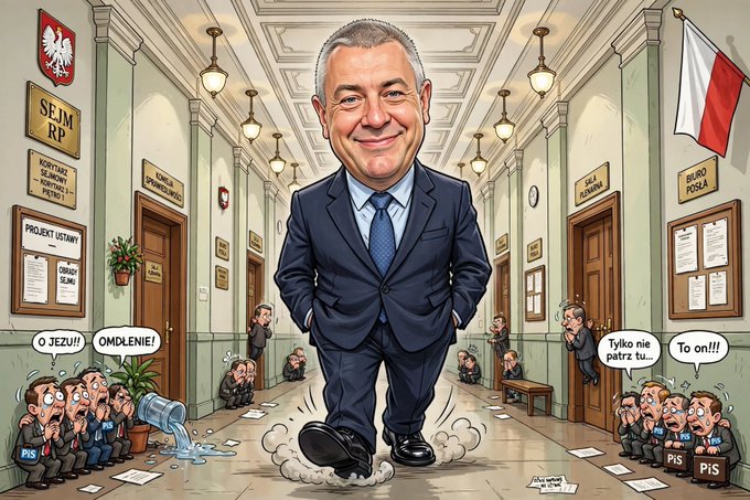 A political caricature of a smiling, suited man walking confidently through a hallway in the Polish Sejm, surrounded by shocked onlookers labeled 'PiS' and speech bubbles reading 'O JEZU!', 'OMDLENIE!', and 'To on!!!'.
