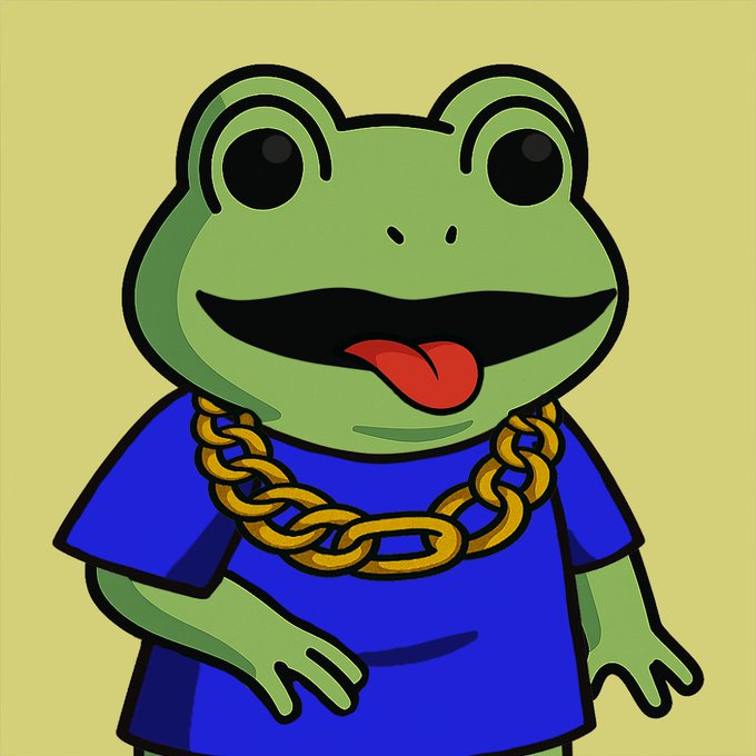A cartoon frog wearing a blue shirt and gold chain necklace, with its tongue sticking out.