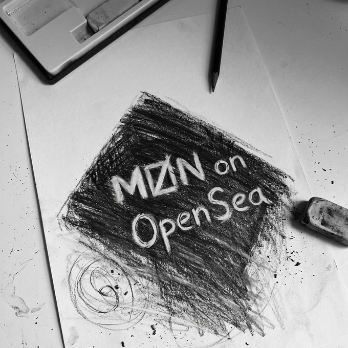 A black-and-white photo showing the title "MØN on OpenSea" handwritten in white on a darkly shaded background, accompanied by a pencil and eraser on a desk—visually promoting the MØN NFT collection's launch on OpenSea with 400 supply at 0.006 ETH on Ethereum.