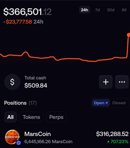 The image shows a portfolio dashboard displaying a total value of $366,501.12, down $23,777.58 in 24 hours, with a holdings of 6,445,166.26 MarsCoin valued at $316,288.52 representing a 707.23% gain. This visualizes the trader highlighted in the post, whose massive MarsCoin position surged after a Binance shoutout drove FOMO buying and pushed the token's market cap to around $55 million.
