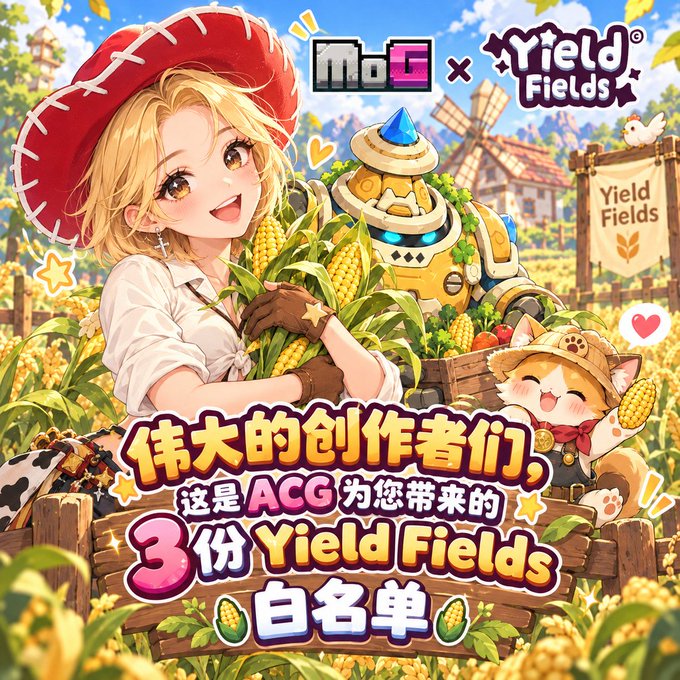 A colorful anime-style promotional graphic features a blonde girl, a cat in a straw hat, and a robot holding corn in a field, with text including 'MoG x Yield Fields' and Chinese characters for a whitelist giveaway.