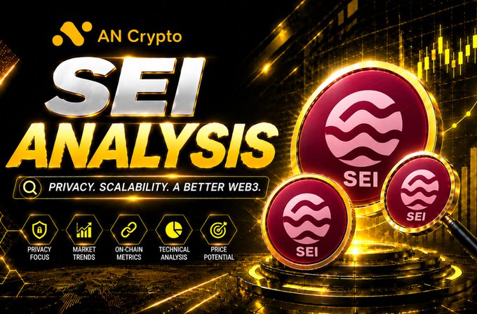 A promotional graphic titled 'SEI ANALYSIS' by AN Crypto, featuring SEI coin logos, stock chart visuals, and the tagline 'PRIVACY. SCALABILITY. A BETTER WEB3.' with icons for Privacy Focus, Market Trends, On-Chain Metrics, Technical Analysis, and Price Potential.