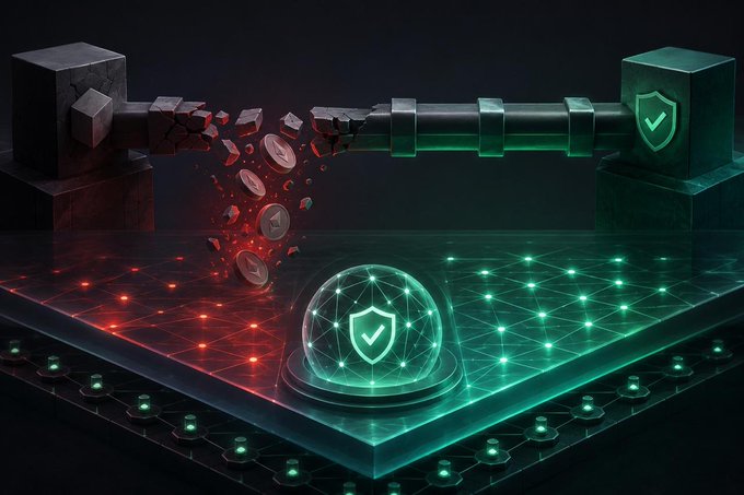 The image features a digital illustration of a robot with a shield on its back, surrounded by various objects such as coins and blocks. The robot appears to be in motion, possibly knocking over or breaking down barriers. The scene also includes a green shield that has been damaged due to the robot's actions. The background is dark, creating an atmosphere of mystery around the robot and its activities.