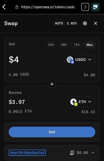 The image shows an OpenSea token swap interface attempting to exchange $4.00 USDC for 0.0015 ETH ($3.97), but the small transaction reveals a disproportionately high $0.06 gas fee (about 1.5% of the total) — illustrating how MetaMask gas fees can eat into tiny swaps on OpenSea.