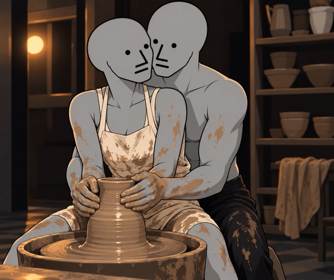 Two gray-skinned humanoid figures with featureless faces make pottery together at a wheel in a dimly lit workshop filled with ceramic bowls.