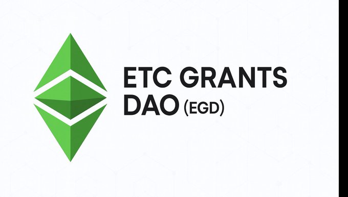 The image shows the logo for **ETC Grants DAO (EGD)**, featuring a green geometric diamond-shaped emblem resembling the Ethereum Classic symbol, alongside its bold black text branding. This visually represents the organization's role highlighted in the post—empowering developers and innovators through funding to build on the Ethereum Classic ecosystem.