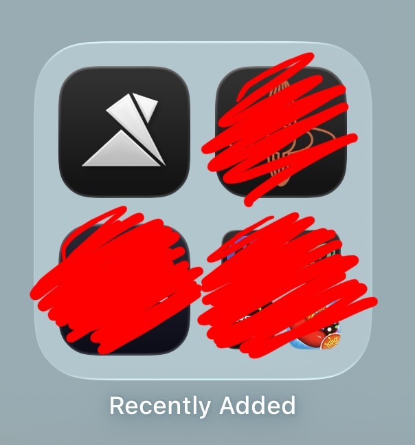 An iOS 'Recently Added' folder shows four app icons, with three of them scribbled out in red.