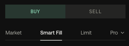 The image shows a trading interface with "BUY" and "SELL" tabs at the top, and order type options below featuring "Market," "Smart Fill" (currently selected/underlined), "Limit," and "Pro." The "Smart Fill" option being highlighted visually corresponds to the post's explanation of this feature as a tool designed to minimize price impact and slippage when trading memecoins by breaking orders into smaller, rapid fills.