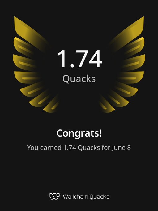 The image features a poster with an illustration of a bird's wing, displaying the number 1.74 Quacks. The text "Congratulations! You earned 1.74 Quacks for June 8" is also present. This poster seems to be promoting a rewards system or a leaderboard related to Quacks, possibly in the context of a gaming or social media platform.