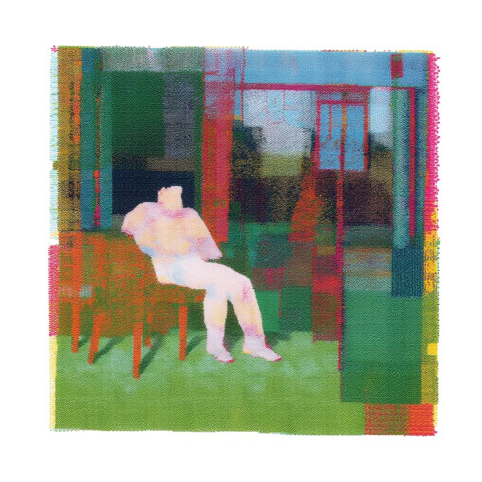 The image features a man sitting on a bench, wearing white shorts and a pink shirt. He appears to be enjoying his time outdoors. The photo has been edited with a green and red filter, giving it an artistic touch. The background of the image is a blurred picture of trees, adding depth and context to the scene. The post that this image belongs to reads: "Heatwave objkt.com/tokens/hicetnu".