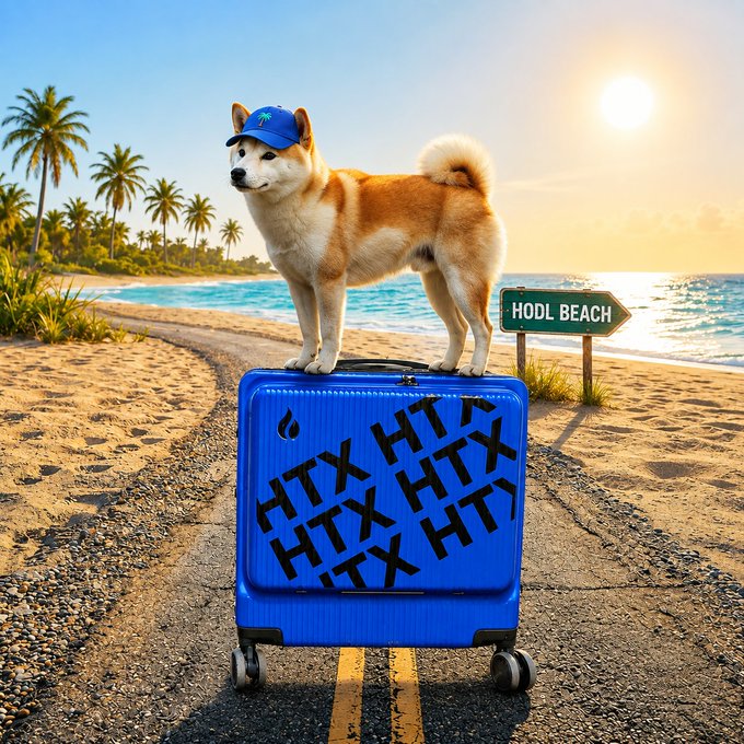 A Shiba Inu dog wearing a blue baseball cap stands on a blue suitcase covered in 'HTX' text, on a road leading to 'HODL BEACH' with palm trees and ocean in the background.