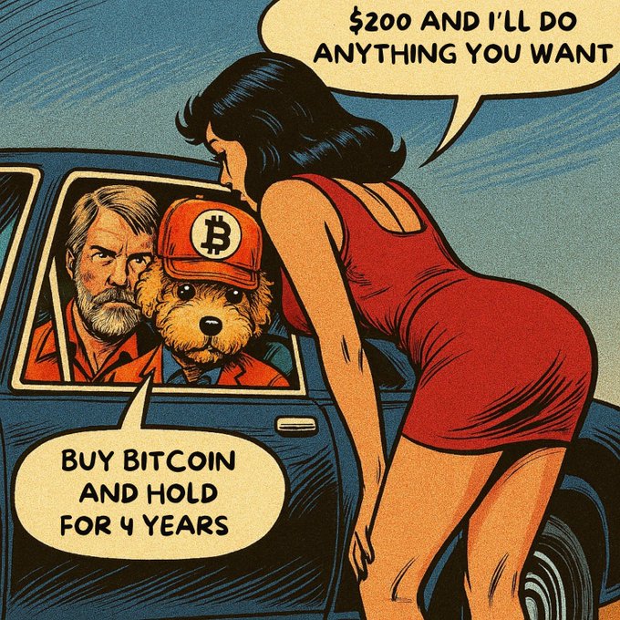 A vintage-style comic illustration shows a woman in a red dress leaning toward a car window where a man and a dog wearing a Bitcoin logo cap are seated, with speech bubbles reading '$200 AND I'LL DO ANYTHING YOU WANT' and 'BUY BITCOIN AND HOLD FOR 4 YEARS'.
