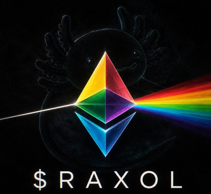 A graphic features a glowing Ethereum logo refracting a rainbow light spectrum against a dark background with an axolotl, labeled "$RAXOL" at the bottom.