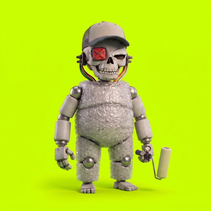 A 3D-rendered toy figure of a robot with a skull face, red X-eye, baseball cap, and textured white body, holding a paint roller against a bright green background.
