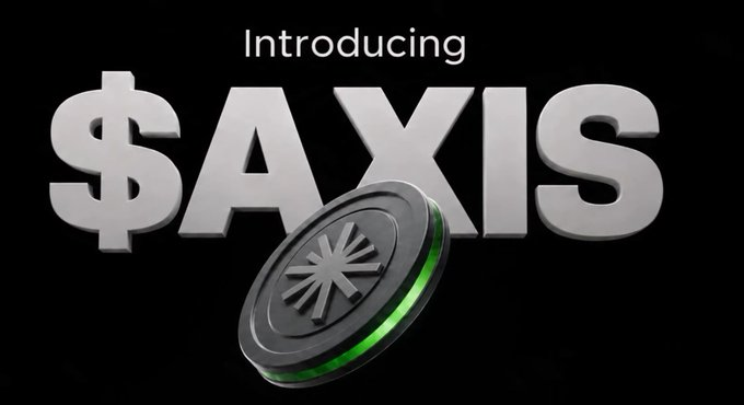 A graphic introducing "$AXIS" in large silver 3D text on a black background, featuring a coin with a starburst design and green glowing edge.