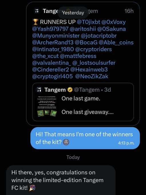 A Twitter direct message screenshot shows a user asking 'Hi! That means I'm one of the winners of the kit?' after seeing a Tangem giveaway announcement that listed them as a runner-up.