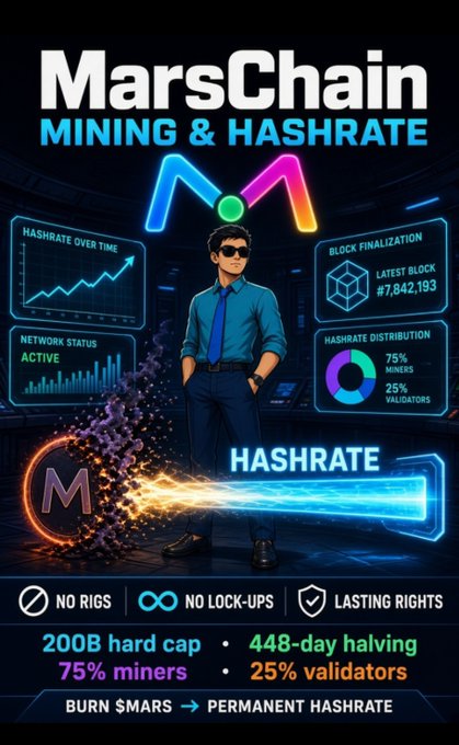 An advertisement for 'MarsChain Mining & Hashrate' features a character graphic with text including 'BURN $MARS → PERMANENT HASHRATE', '200B hard cap', '448-day halving', '75% miners', and '25% validators'.