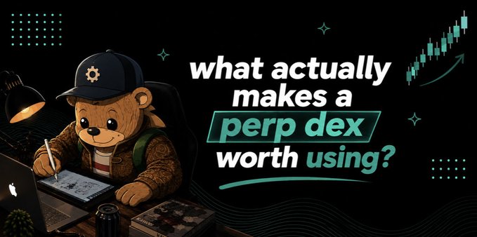 A graphic featuring a cartoon teddy bear wearing a cap and jacket, working on a laptop and tablet, with the text 'what actually makes a perp dex worth using?' alongside a green candlestick chart.