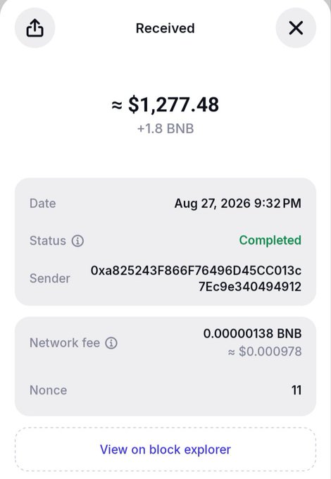 A cryptocurrency wallet transaction receipt showing a received amount of approximately $1,277.48 (+1.8 BNB) completed on Aug 27, 2026.
