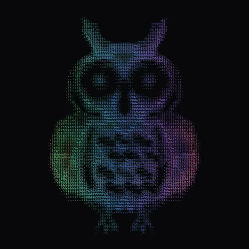 A holographic, pixelated owl with iridescent rainbow coloring on a black background, representing NFT #2703 from the NTRPY collection, which recently sold for 0.24 ETH ($580) on OpenSea.