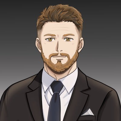 A digital anime-style illustration of a man with brown hair and a beard, wearing a black suit and tie.