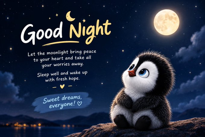 A 'Good Night' greeting card featuring an adorable cartoon penguin sitting under a full moon, with text saying 'Let the moonlight bring peace to your heart and take all your worries away. Sleep well and wake up with fresh hope. Sweet dreams, everyone!'
