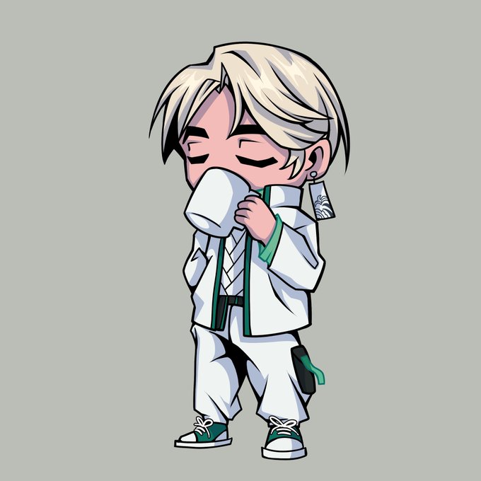 A chibi-style cartoon illustration of a blonde anime character in white and green clothing drinking from a white mug.